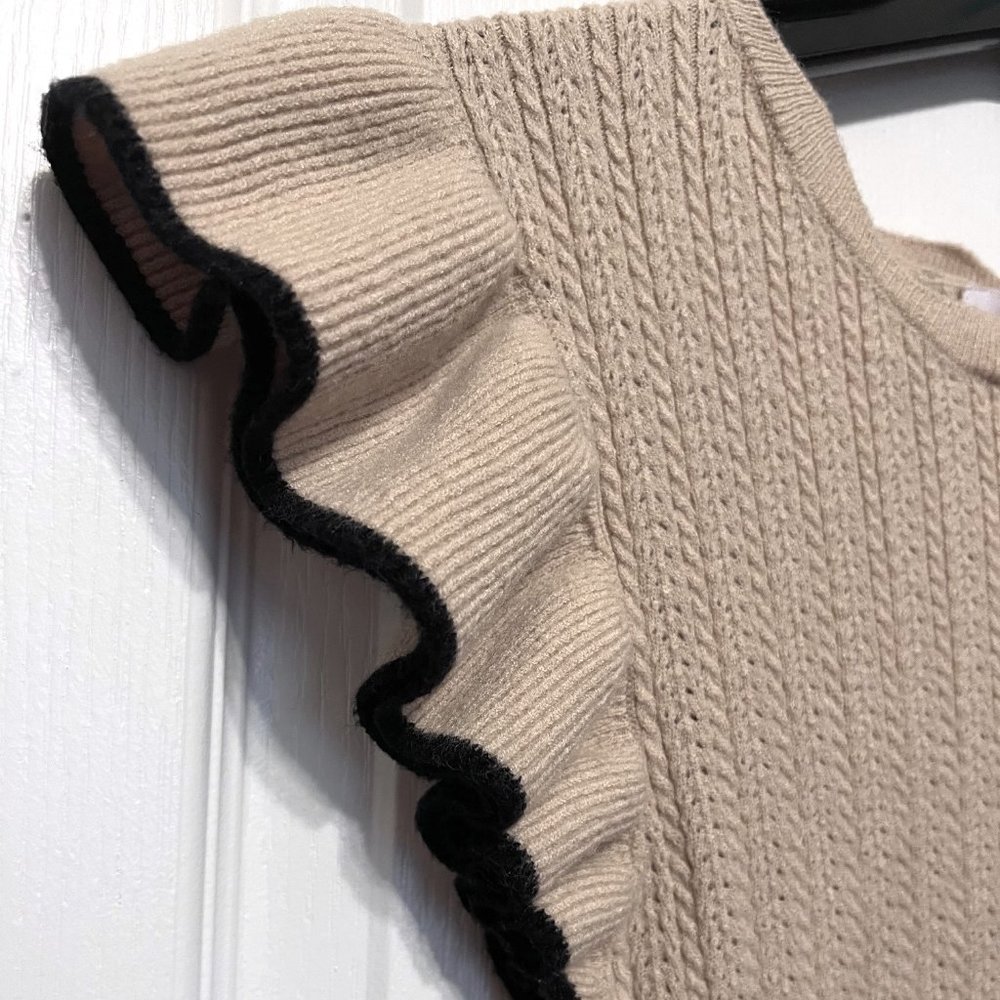 Ally Mae Tan & Black Trim Flutter Short Sleeve Sweater-Size Large-Women's-Casual - Picture 5 of 14